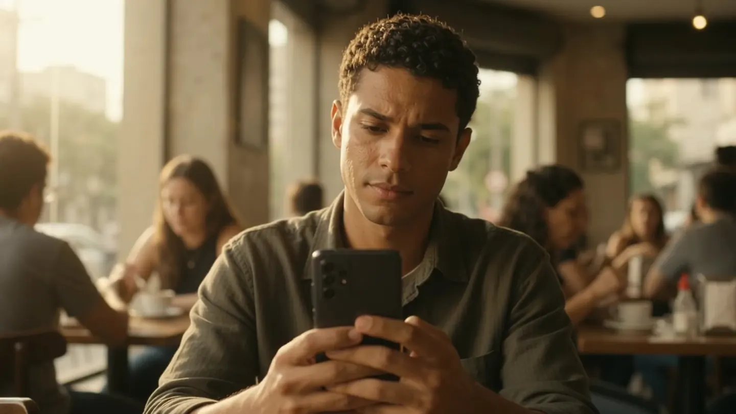 A man in a busy café reviewing a task on his phone