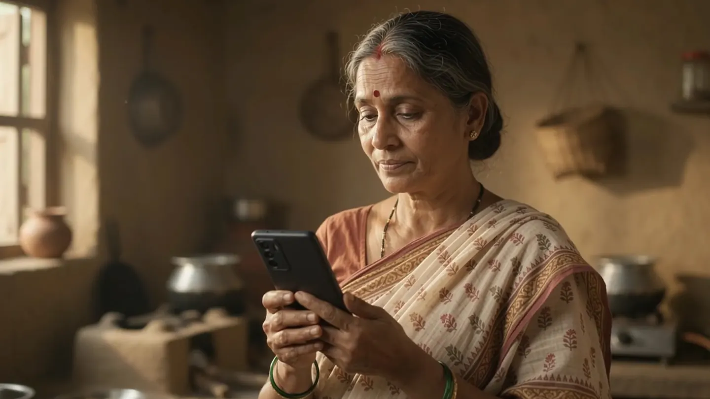 A woman at home checking a task on her phone