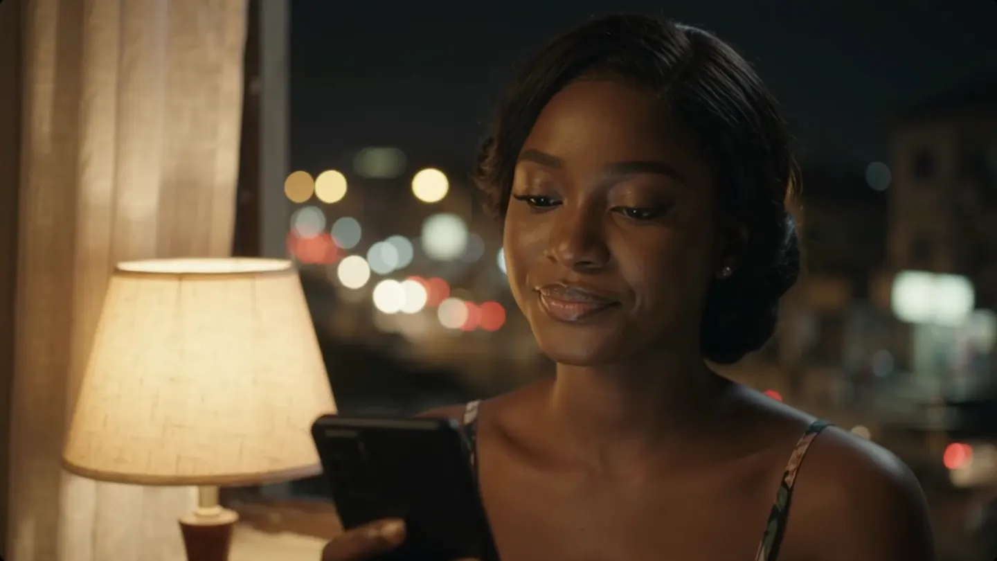 A woman by a window at night reading her phone